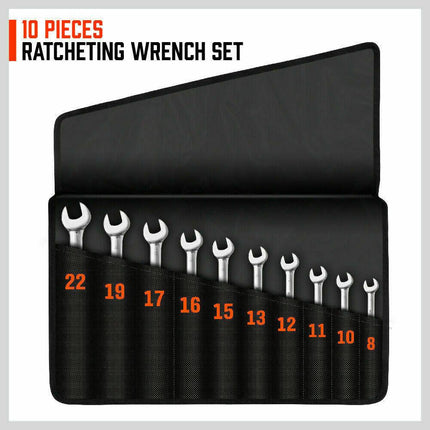 10Pc Flexible Head Ratchet Spanner Set Metric Wrench CRV With Carry Pouch 8-22MM.