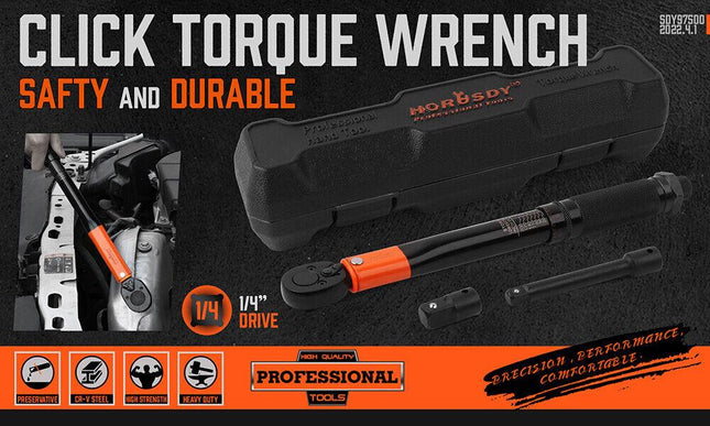 HORUSDY 3Pc 1/4" Drive Click Torque Wrench Ratchet Socket with Adaptor Extension.