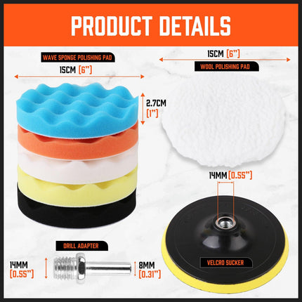 11Pcs 6" Buffing Waxing Polishing Pads Sponge Pad Set For Car Polisher Drill.