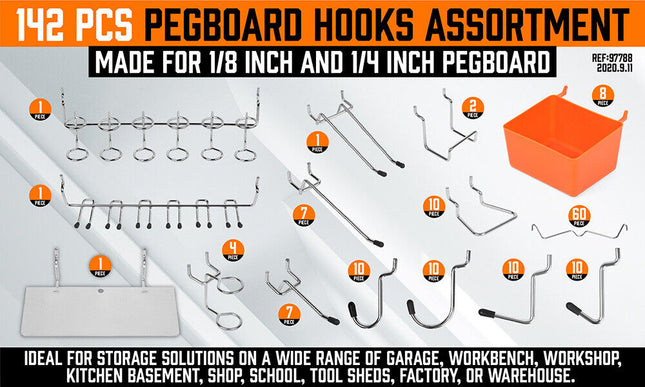 142Pc Pegboard Hooks Set Peg board Hanger Assortment Storage Trays Organizer Bin.