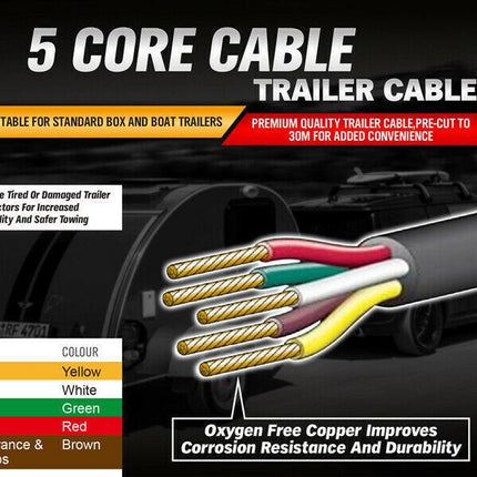 50M x 5 Core Wire Cable Trailer Cable Automotive Boat Caravan Truck Coil V90 PVC.