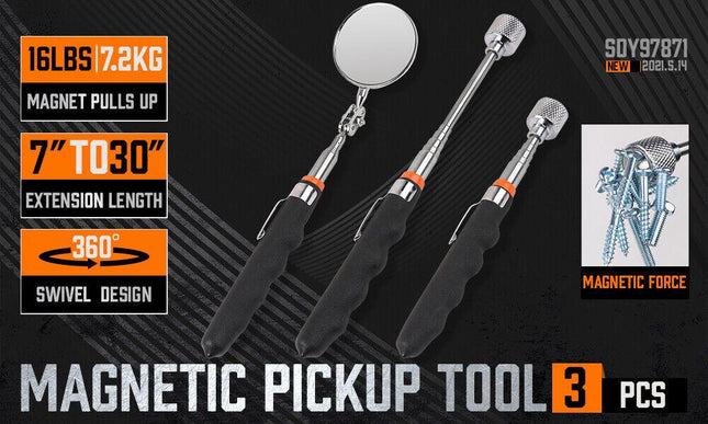3Pc Magnetic Pick Up Tool & Swivel Inspection Mirror Telescoping Rod Heavy Duty.