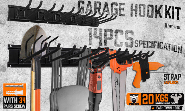 Wall Mounted Hook Rail Set Bike Holder Garden Tool Storage Rack Garage Organizer.