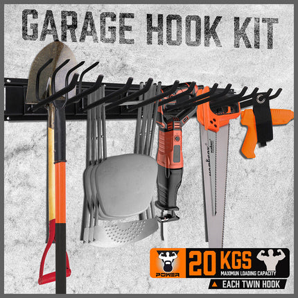 Wall Mounted Hook Rail Set Bike Holder Garden Tool Storage Rack Garage Organizer.