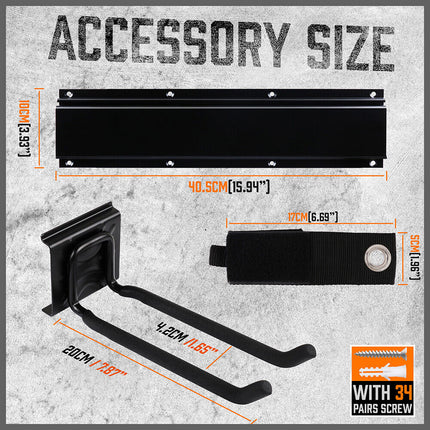Wall Mounted Hook Rail Set Bike Holder Garden Tool Storage Rack Garage Organizer.