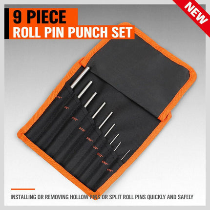 9Pc Roll Pin Punch Set Bolt Catch Gun Building Removing Repair Tool Canvas Pouch.