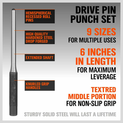 9Pc Roll Pin Punch Set Bolt Catch Gun Building Removing Repair Tool Canvas Pouch.