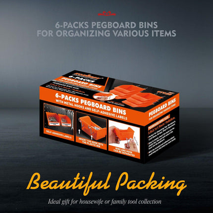 6Pc Pegboard Bins Peg Board Parts Storage With Steel Hooks Tools Organiser Tray.
