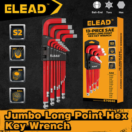 ELEAD 13Pc Extra Large Hex Key Set Long Allen Key Wrench Ball End SAE 5/64"-3/4.