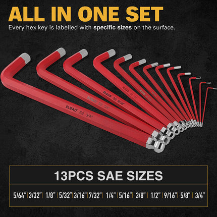 ELEAD 13Pc Extra Large Hex Key Set Long Allen Key Wrench Ball End SAE 5/64"-3/4.