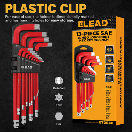 ELEAD 13Pc Extra Large Hex Key Set Long Allen Key Wrench Ball End SAE 5/64"-3/4.
