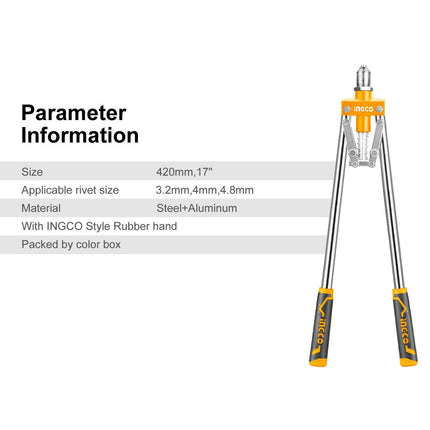 INGCO 17" Hand Riverter Long Arm Pop Rivert Heavy Duty For 3.2mm 4mm & 4.8mm.