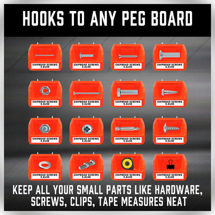 16Pc Pegboard Bins Peg Board Parts Storage With Steel Hooks Tools Organiser Tray.