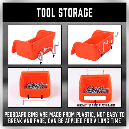 16Pc Pegboard Bins Peg Board Parts Storage With Steel Hooks Tools Organiser Tray.