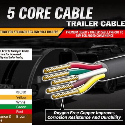 30M X 5 Core Wire Cable Trailer Cable Automotive Boat Caravan Truck Coil V90 PVC.