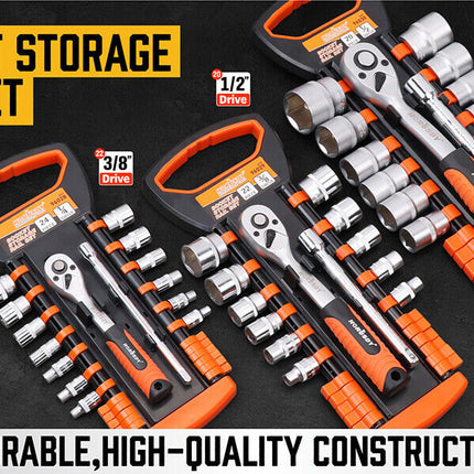 3Pc Socket Rails 66 Socket Holder Space Organiser Garage Rack 1/4" 3/8" 1/2".