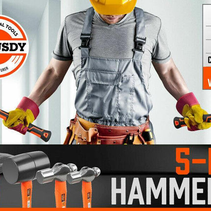 5Pc Hammer Set Rubber / Ball Pein / Sledge / Cross Pein Mallet TPR Grip Handle.