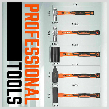 5Pc Hammer Set Rubber / Ball Pein / Sledge / Cross Pein Mallet TPR Grip Handle.