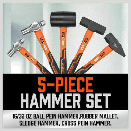 5Pc Hammer Set Rubber / Ball Pein / Sledge / Cross Pein Mallet TPR Grip Handle.