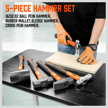 5Pc Hammer Set Rubber / Ball Pein / Sledge / Cross Pein Mallet TPR Grip Handle.