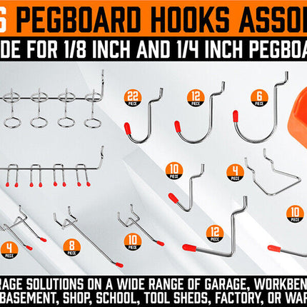 238Pc Pegboard Hooks Set Peg board Bins Parts Storage Assortment Tools Organiser.
