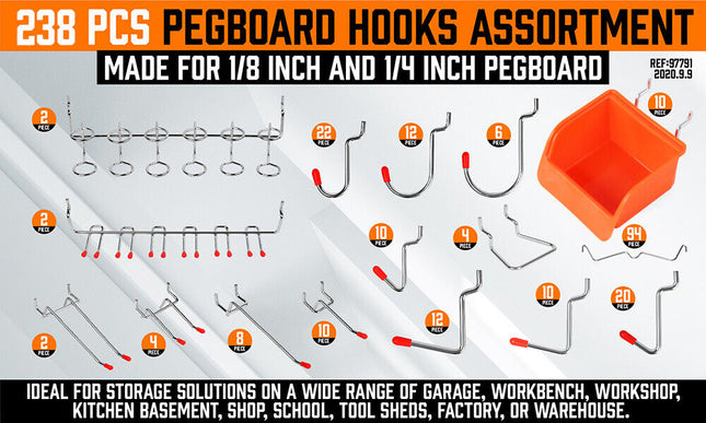 238Pc Pegboard Hooks Set Peg board Bins Parts Storage Assortment Tools Organiser.