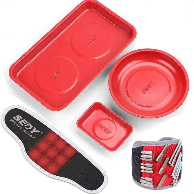 4Pc Magnetic Parts Holder Set Wrist Band Magnet Bowl Tray Screws Nuts Storage.