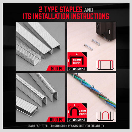 Heavy Duty Staple Gun Set 2in1 Stapler 1500Pc Staples Tacker Hand Fastener Tool.