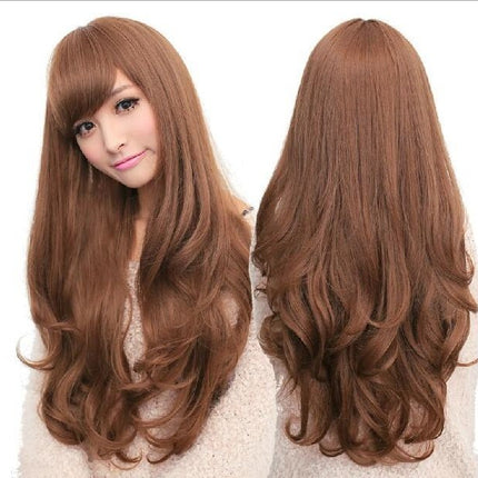 Long Wavy Curly Full Hair Wigs w Side Bangs Cosplay Costume Fancy Anime Womens, Light Brown.