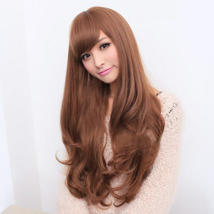 Long Wavy Curly Full Hair Wigs w Side Bangs Cosplay Costume Fancy Anime Womens, Light Brown.