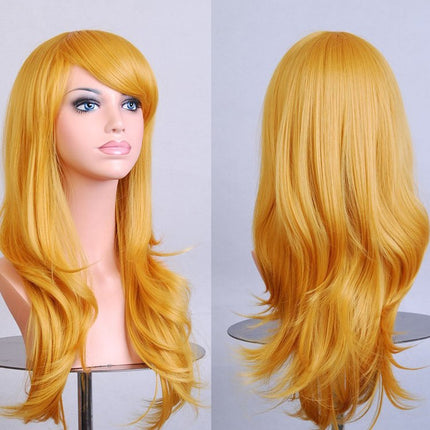 70cm Wavy Curly Sleek Full Hair Lady Wigs w Side Bangs Cosplay Costume Womens, Golden Blonde.