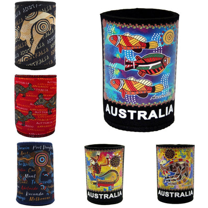 6x Australia Stubby Stubbie Holder Beer Bottle Tin Can Drink Alcohol Cooler Gift, Aboriginal Art.