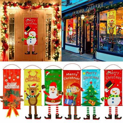 Christmas Hanging Banner Flag Door Window Décor Santa Reindeer Snowman Ornaments, Set of 6.