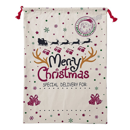 50x70cm Canvas Hessian Christmas Santa Sack Xmas Stocking Reindeer Kids Gift Bag, Cream - Snowflakes Delivery.