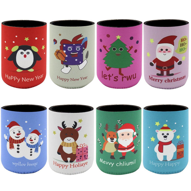 8x Christmas Stubby Stubbie Holders Beer Bottle Drink Can Cooler Santa Reindeer, H.