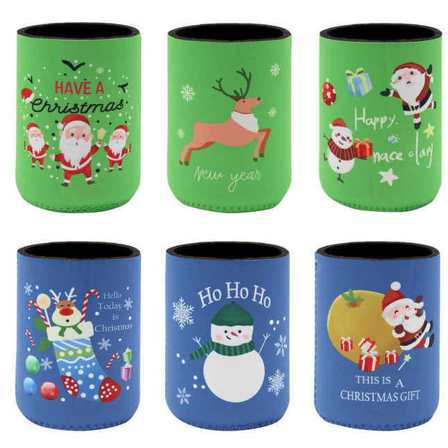 6x Christmas Stubby Stubbie Holders Beer Bottle Drink Can Cooler Santa Reindeer, F.