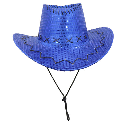 Sequin Cowboy Hat Glitter Cap Western Trilby Shiny Cowgirl Dress Up Party Wear, Royal Blue.