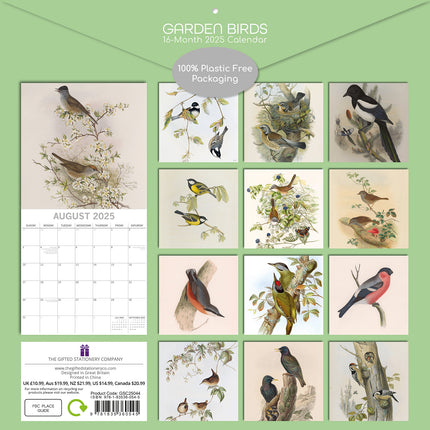 Garden Birds - 2025 Square Wall Calendar Pets Animals 16 Months Premium Planner.
