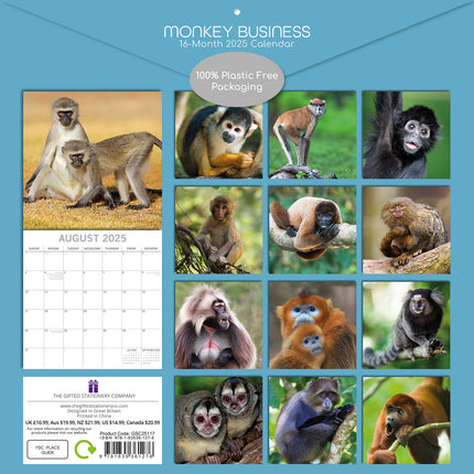 Monkey Business 2025 Square Wall Calendar Animals 16 Months Premium Planner Gift.
