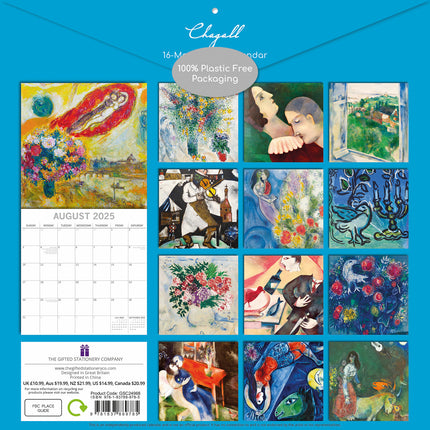 Chagall - 2025 Square Wall Calendar Arts 16 Months Premium Planner Gift.
