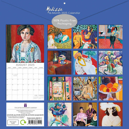 Matisse - 2025 Square Wall Calendar Arts 16 Months Premium Planner Gift.