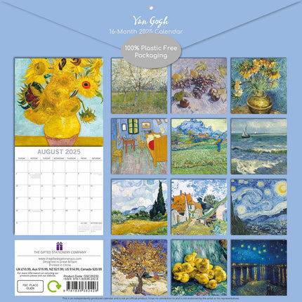 Van Gogh - 2025 Square Wall Calendar Arts 16 Months Premium Planner Gift.