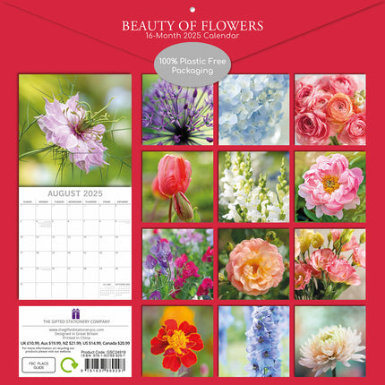 Beauty of Flowers 2025 Square Wall Calendar Floral 16-Month Premium Planner Gift.