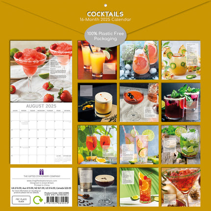 Cocktails 2025 Square Wall Calendar Food 16-Month Christmas Premium Planner Gift.
