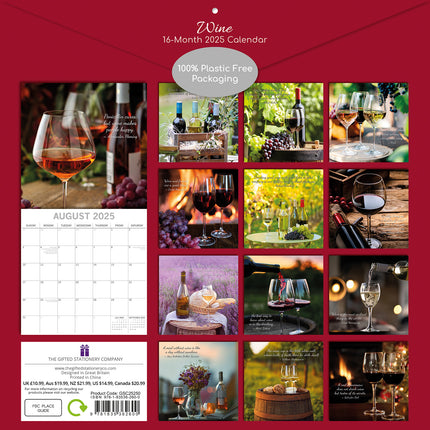 Wine 2025 Square Wall Calendar Food 16 Month Premium Planner Xmas New Year Gift.