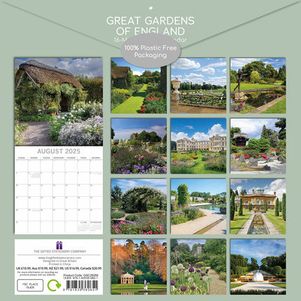 Great Gardens of England 2025 Square Wall Calendar 16Month New Year Planner Gift.