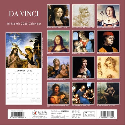 Da Vinci - 2025 Square Wall Calendar Fine Art 16 Months Premium New Year Planner.