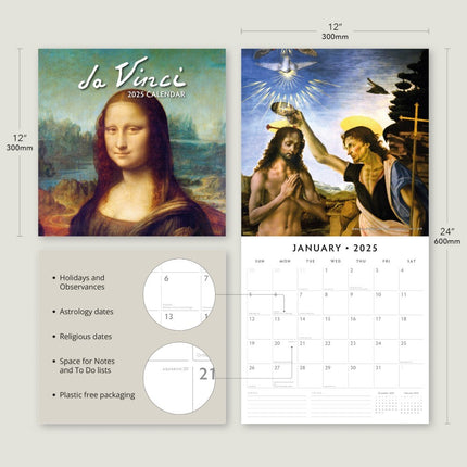 Da Vinci - 2025 Square Wall Calendar Fine Art 16 Months Premium New Year Planner.