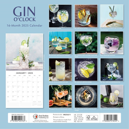 Gin O'Clock - 2025 Square Wall Calendar Food & Drink 16 Months Premium Planner.