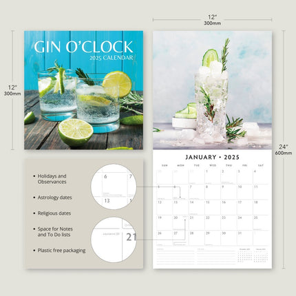 Gin O'Clock - 2025 Square Wall Calendar Food & Drink 16 Months Premium Planner.